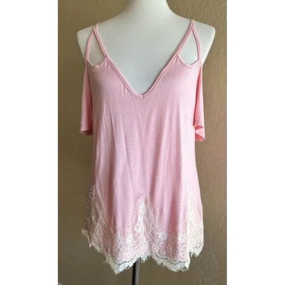 Self Esteem Womens pink Lace Trim Strappy Casual Top Size M - Picture 1 of 10